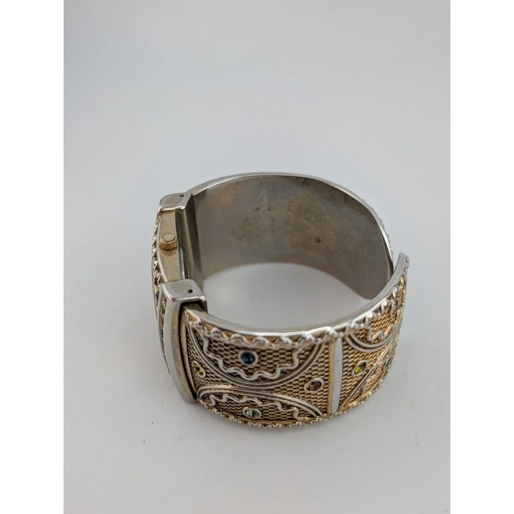 Vivani Rhinestone Cuff Women's Watch Gold Tone Multicolor Gems- New Battery